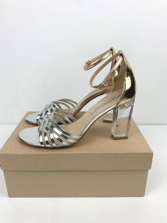 Diane Von Furstenberg Shoes - Diane von Furstenberg Ibiza Clear Heeled Strappy Metallic Silver Sandals Sz 9.5M
